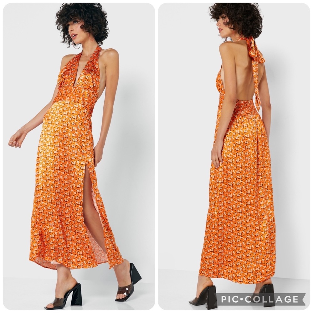 NWT TopShop Orange Floral Halter Midi Sundress
